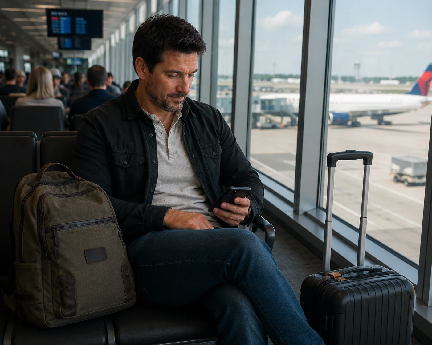 Michael Turner traveling with backpack and luggage