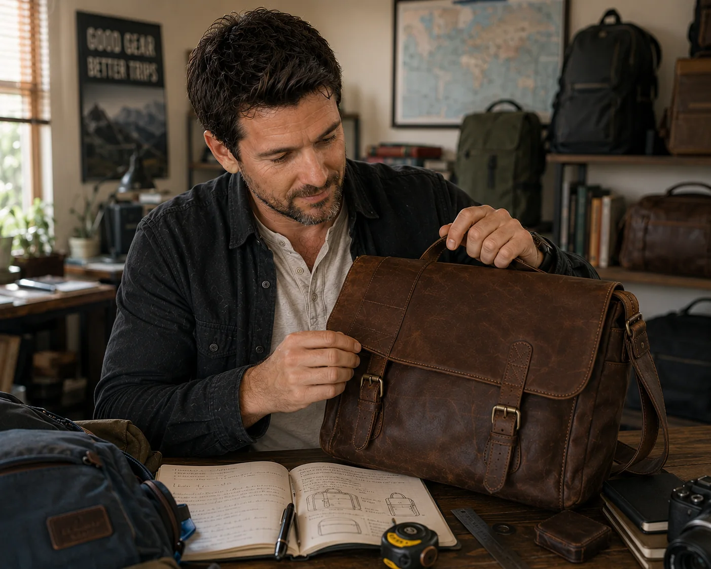 Michael Turner inspecting a leather messenger bag